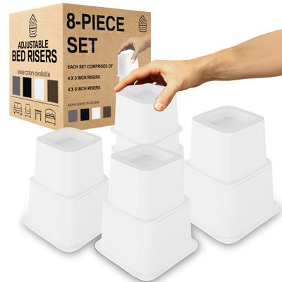 Home Intuition Heavy Duty Adjustable Bed Risers Furniture Riser 3, 5 or 8-Inch, 4 Pack, 8-Piece Set (White)