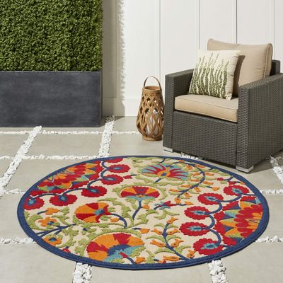 Nourison Home Aloha Red Multicolor 4' x Round Area Rug - Easy Clean, Non Shedding, Bed Room, Living Room, Dining Room, Kitchen (4' x Round)