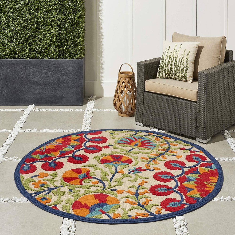 Nourison Home Aloha Red Multicolor 4' x Round Area Rug - Easy Clean, Non Shedding, Bed Room, Living Room, Dining Room, Kitchen (4' x Round)
