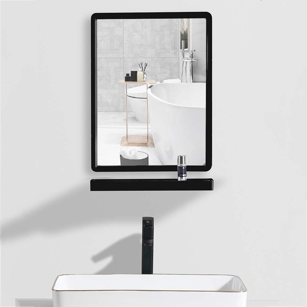 40 x 50cm Black Metal Framed HD Wall Mirror Large Shaving Vanity Mirror with Shelf,Simple Elegant Design for Bathroom