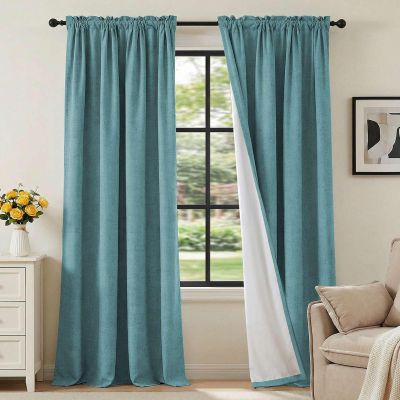 H.VERSAILTEX Linen Look 100% Blackout Curtains 95 Inches Long for Bedroom Full Light Blocking Rod Pocket Linen Textured Thick Window Curtain Drapes with White Backing, Teal, 2 Panels