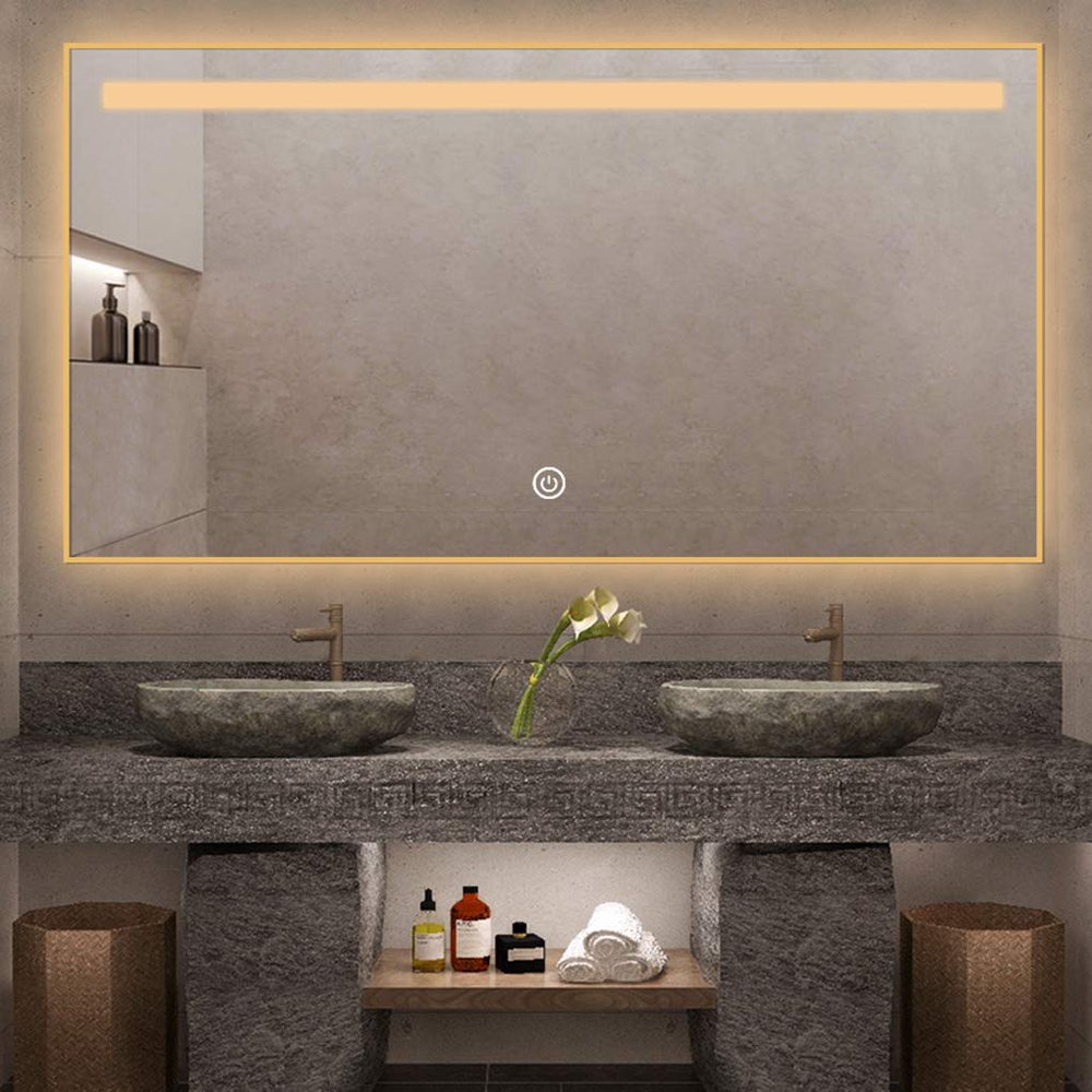 LED Lighted Bathroom Mirror, Modern Touch Dimmable Wall Mirror with Dimmer and Lights, Wall Mounted Fogless Backlit Lighted Makeup Vanity Mirror