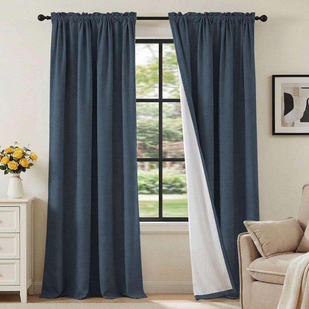 H.VERSAILTEX Linen Look 100% Blackout Curtains 95 Inches Long for Bedroom Full Light Blocking Rod Pocket Linen Textured Thick Window Curtain Drapes with White Backing, Navy, 2 Panels