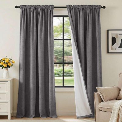 H.VERSAILTEX Linen Look 100% Blackout Curtains 95 Inches Long for Bedroom Full Light Blocking Rod Pocket Linen Textured Thick Window Curtain Drapes with White Backing, Grey, 2 Panels