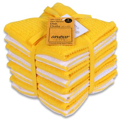 AMOUR INFINI Dish Cloths for Washing Dishes Set of 8 - Highly Absorbent, Super Soft Kitchen Dishcloths - Reusable Quick Dry Dish Rags for Cleaning & Drying Kitchen Linens (12x12 Inch - Yellow)