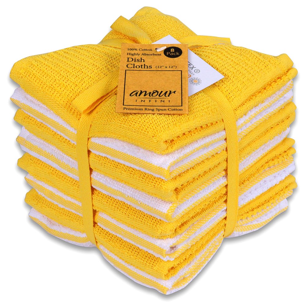 AMOUR INFINI Dish Cloths for Washing Dishes Set of 8 - Highly Absorbent, Super Soft Kitchen Dishcloths - Reusable Quick Dry Dish Rags for Cleaning & Drying Kitchen Linens (12x12 Inch - Yellow)