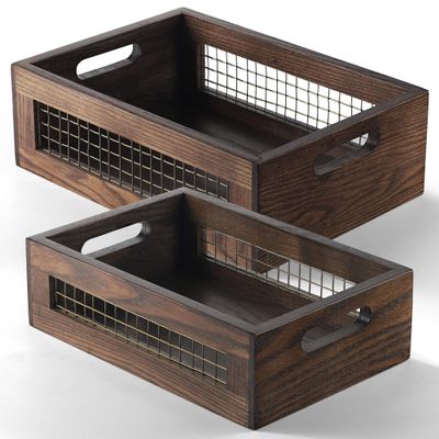 NAGAWOOD Wooden Countertop Baskets Set of 2 for Kitchen, Pantry|Wall Mount Upgrade with Full Accessories| Rustic Nesting Boxes|Wooden Organizer Crates for Vegetables, Produce, Bread
