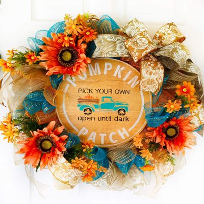 Artisan hand painted fall, autumn, and harvest wreath for front door or inside pumpkin patch decorations. Features blue truck, pick your own pumpkins, autumn flowers. Very full & one of a kind!