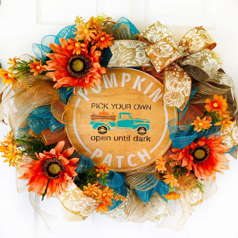 Artisan hand painted fall, autumn, and harvest wreath for front door or inside pumpkin patch decorations. Features blue truck, pick your own pumpkins, autumn flowers. Very full & one of a kind!