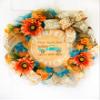 Artisan hand painted fall, autumn, and harvest wreath for front door or inside pumpkin patch decorations. Features blue truck, pick your own pumpkins, autumn flowers. Very full & one of a kind! view 4