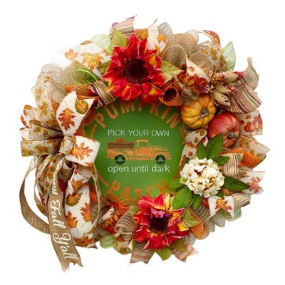 Artisan hand painted fall, autumn, and harvest wreath for front door or inside pumpkin patch decorations. Features blue truck, pick your own pumpkins, autumn flowers. Very full & is one of a kind!