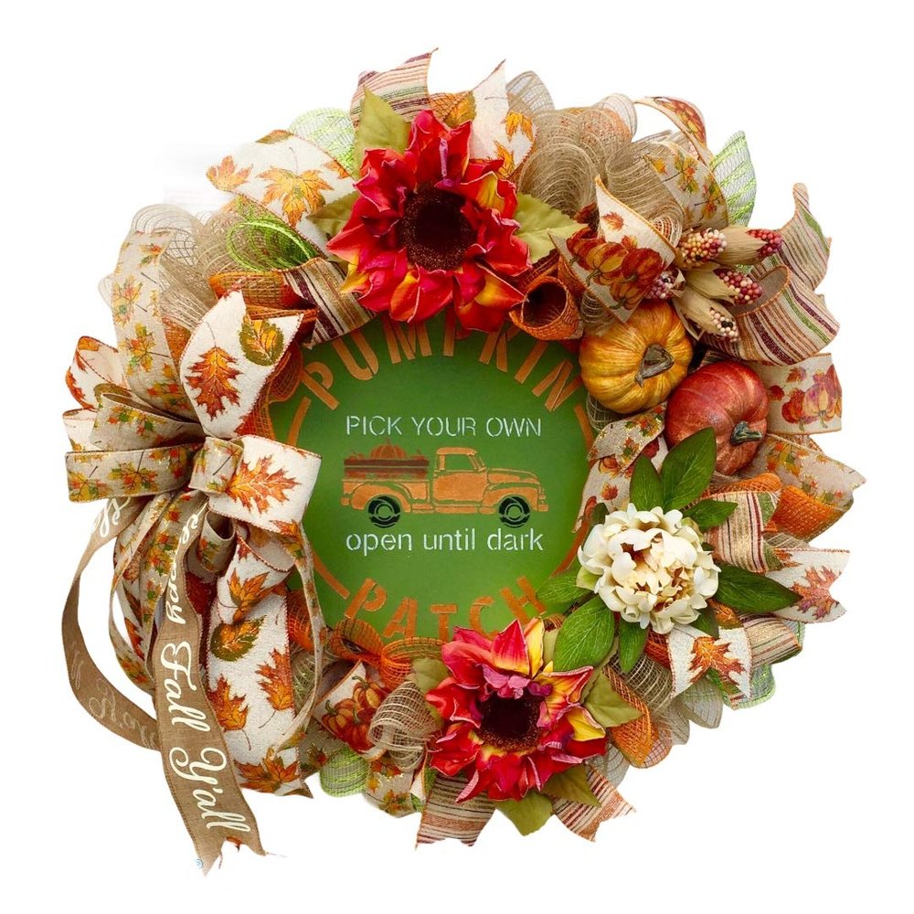 Artisan hand painted fall, autumn, and harvest wreath for front door or inside pumpkin patch decorations. Features blue truck, pick your own pumpkins, autumn flowers. Very full & is one of a kind!