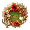 Artisan hand painted fall, autumn, and harvest wreath for front door or inside pumpkin patch decorations. Features blue truck, pick your own pumpkins, autumn flowers. Very full & is one of a kind! view 1