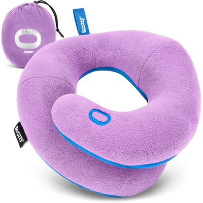 BCOZZY Kids Chin Supporting Travel Pillow for Ages 812- Patented Soft Neck Pillow for Head and Chin Support in Car Seat and Airplane. Comfortable Travel Essential. Medium Size, Bag, Light Purple