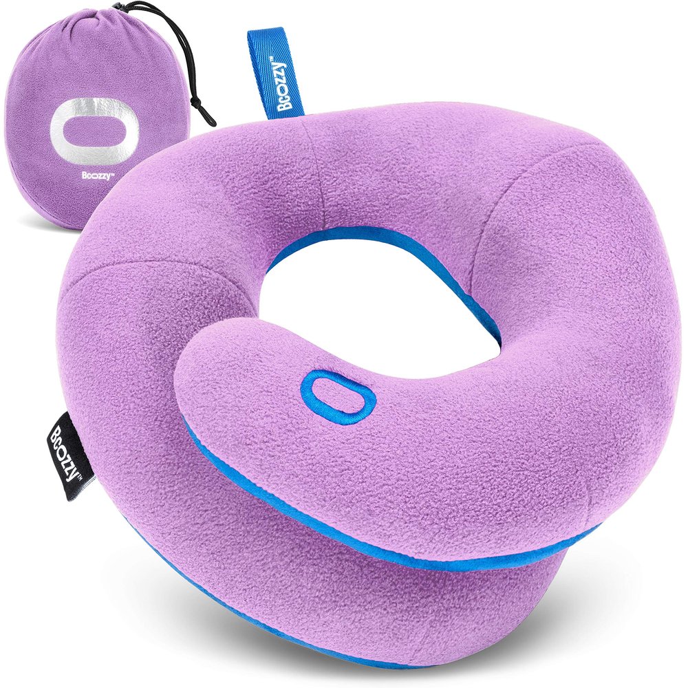 BCOZZY Kids Chin Supporting Travel Pillow for Ages 812- Patented Soft Neck Pillow for Head and Chin Support in Car Seat and Airplane. Comfortable Travel Essential. Medium Size, Bag, Light Purple