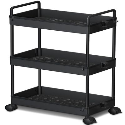 Ronlap 3 Tier Slim Rolling Storage Cart with Wheels Plastic Utility Cart Organizer for Snack Craft Art Postpartum Baby Diaper Nail Makeup in Bathroom Laundry Room Kitchen Bedside Narrow Space, Black