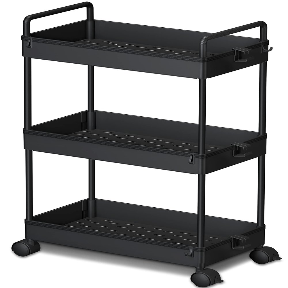 Ronlap 3 Tier Slim Rolling Storage Cart with Wheels Plastic Utility Cart Organizer for Snack Craft Art Postpartum Baby Diaper Nail Makeup in Bathroom Laundry Room Kitchen Bedside Narrow Space, Black