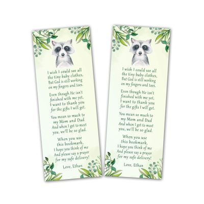 30 bookmarks raccoon forest animals baby shower favors personalized green gender neutral