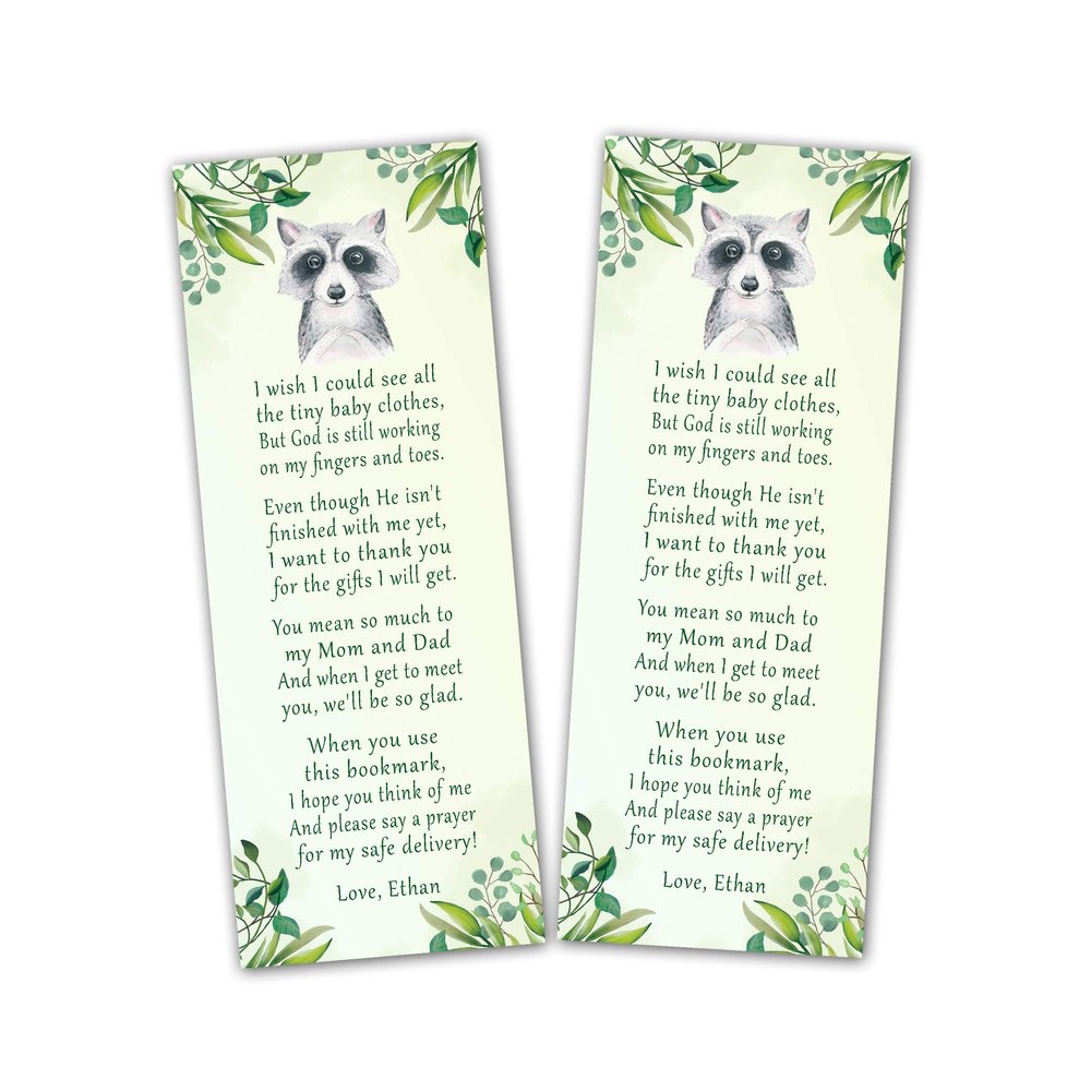 30 bookmarks raccoon forest animals baby shower favors personalized green gender neutral