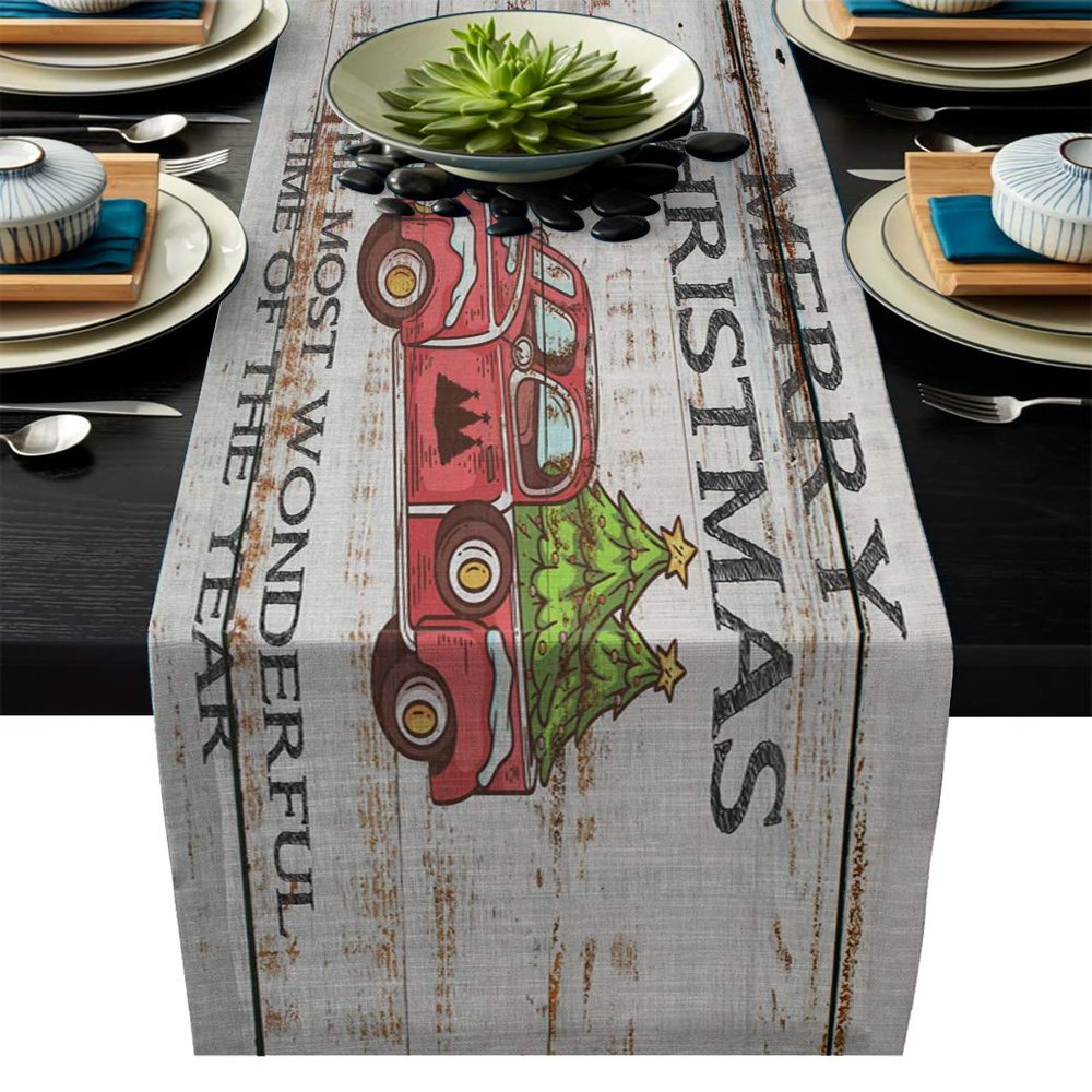 Futuregrace Modern Linen Table Runner Merry Christmas Retro Car Decortaive Table Runners for Wedding Kitchen Dressers Thanksgiving Christmas Halloween Parties Heat Resistant 13x90 Inch
