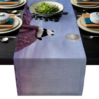 Modern Linen Table Runner Small Mountain Sunset Purple Sky Panda Moon Balloon Decortaive Table Runners for Wedding Kitchen Dressers Thanksgiving Christmas Halloween Parties Heat Resistant 16x72 Inch