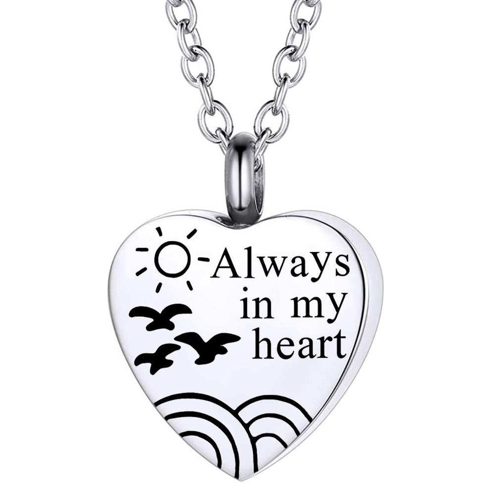Stainless Steel Funeral Cremation Heart with Seagulls Heart Locket Pendant Keepsake Urn Necklace For Ashes Memorial Jewelry Mementos With Funnel Kit (Silver Heart)