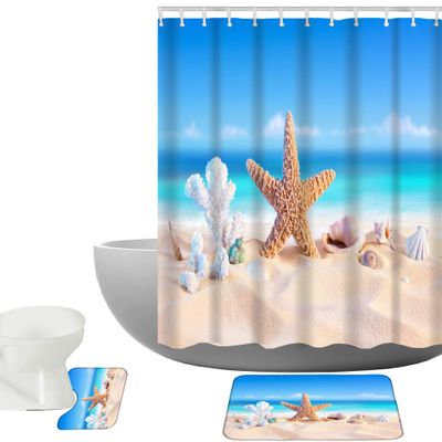 Amagical Golden Sand with Seashell and Starfish Pattern 3 Piece Blue Ocean Bathroom Mat Set Shower Curtain Set Bath Mat Contour Mat Waterproof Shower Curtain with 12 Hooks