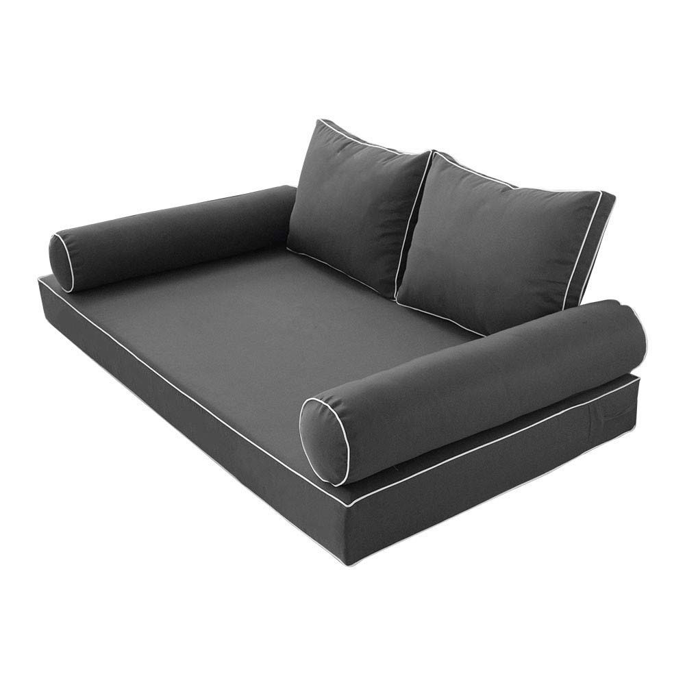 Prolinemax Style 1 - Mattress & Pillow Bolster Cushion for Outdoor Indoor Daybed Porch Swing Bed Contrast Trim Full Size AD003 | Covers ONLY |