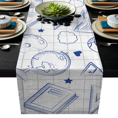 Futuregrace Modern Linen Table Runner Retro Learning Stationery Decortaive Table Runners for Wedding Kitchen Dressers Thanksgiving Christmas Halloween Parties Heat Resistant 14x72 Inch