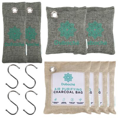 Duboch Bamboo Charcoal Bags for , 8 Pack, Natural Air Purifying Bundle with S Hooks, Moisture Absorbent Odor Eliminator for Gym Bags, Car, Shoes, Bathroom, or Pet Areas