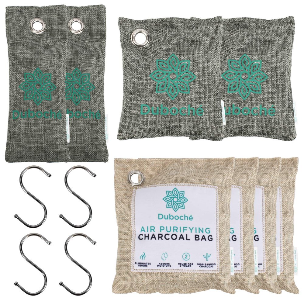 Duboch Bamboo Charcoal Bags for , 8 Pack, Natural Air Purifying Bundle with S Hooks, Moisture Absorbent Odor Eliminator for Gym Bags, Car, Shoes, Bathroom, or Pet Areas