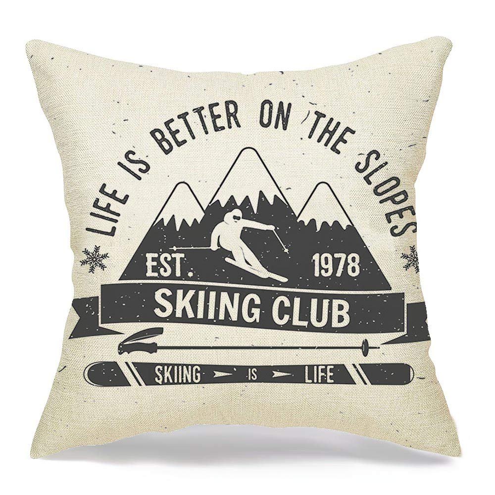 Decorative Square Throw Pillow Cover Cushion Pillowcase Adventure Ski Club Skier Who Skiing Fun Activity Sports Recreation Alpine Attachment Badge Cold Home Decor Decoration for Sofa 16x16 Inch