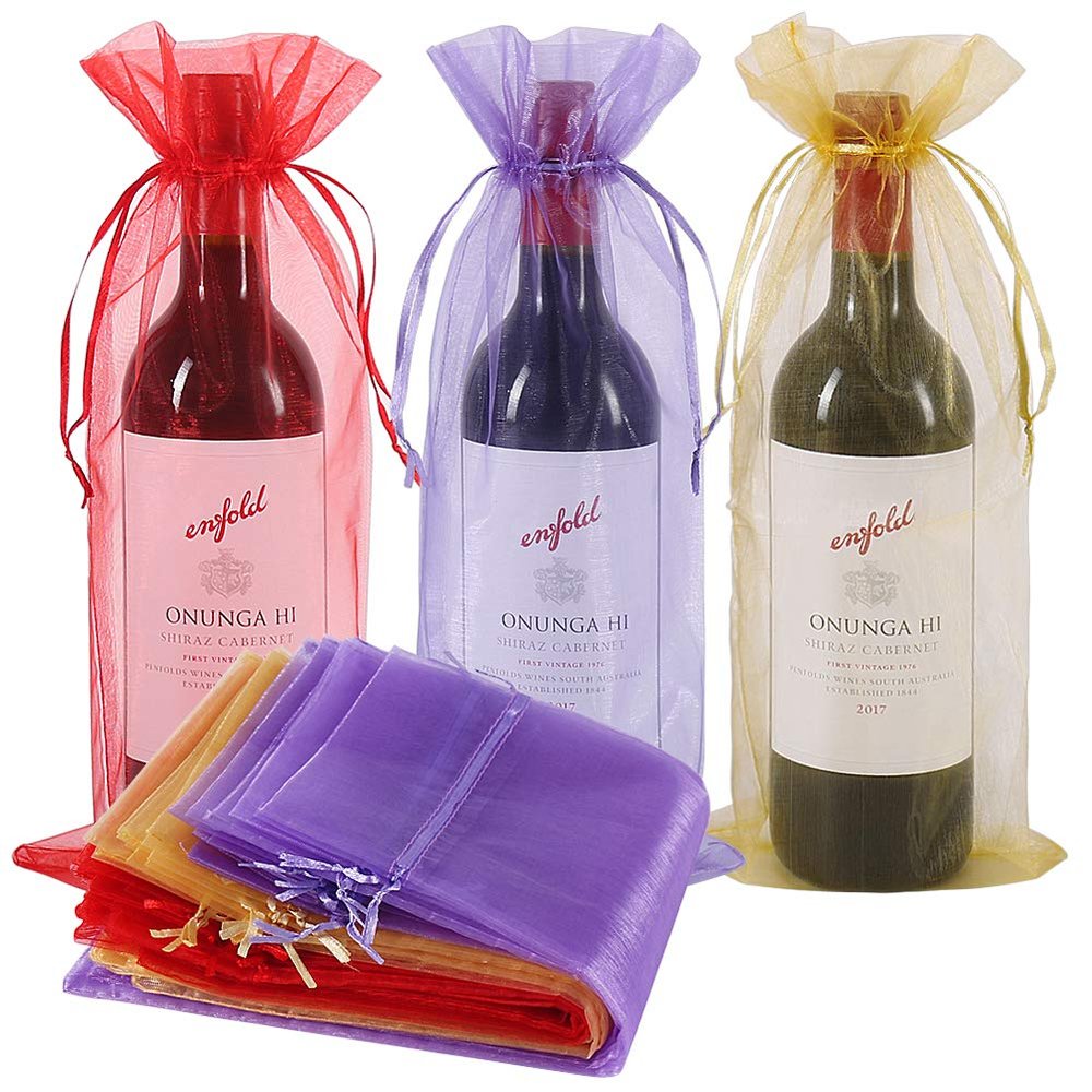 Shintop Organza Wine Bags 750ML, 14 1/3 x 6 1/3 inches Wine Bottle Gift Bags with Drawstring for Wedding Birthday Party Festival Gift Favors (3 Colors, 30pcs)
