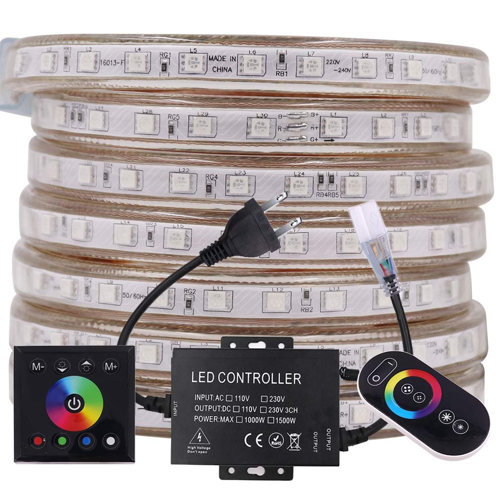 XUNATA RGB LED Strip Lights, 110V Color Changing Light Strip Dimmable with Remote, SMD5050 60 LEDs/M IP67 Waterproof Rope Lights for Holiday Party Festival Celebration Ambiance Lighting (62ft/19m)