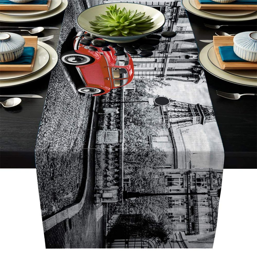 Modern Linen Table Runner Red Sports Car Paris Street Abstract Architecture Decortaive Table Runners for Wedding Kitchen Dressers Thanksgiving Christmas Halloween Parties Heat Resistant 14x72 Inch