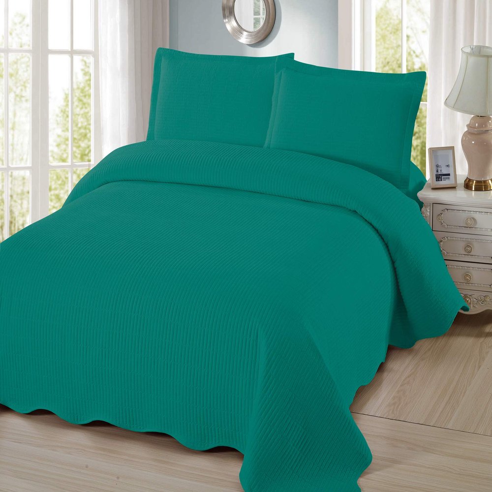 3 Piece Pre-Washed Solid Bedspread (Turquoise, Queen)