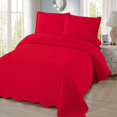 3 Piece Pre-Washed Solid Bedspread (RED, Cal-King)