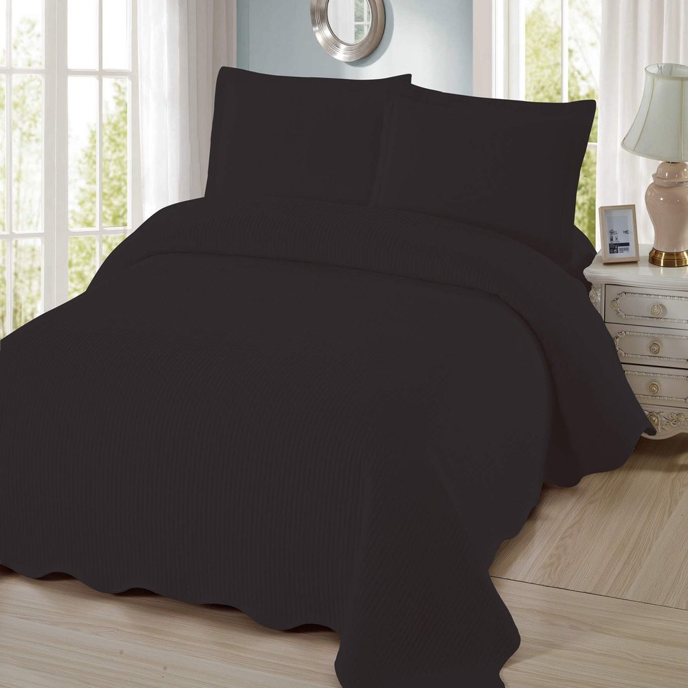 3 Piece Pre-Washed Solid Bedspread (Black, Queen)