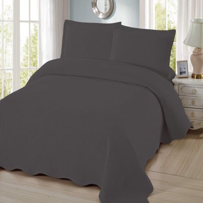 3 Piece Pre-Washed Solid Bedspread (Charcoal, Cal-King)