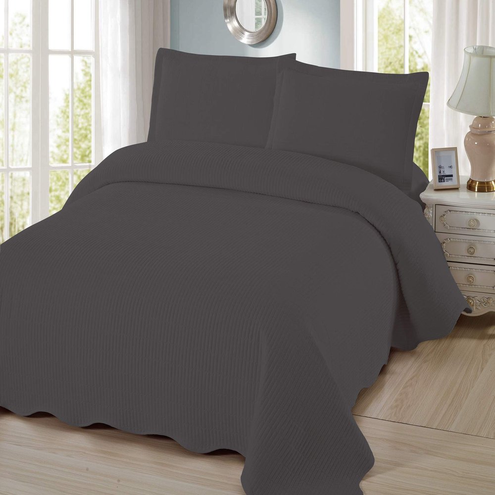 3 Piece Pre-Washed Solid Bedspread (Charcoal, Cal-King)