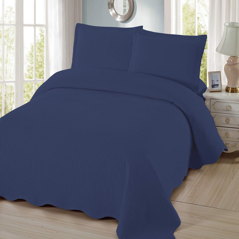 3 Piece Pre-Washed Solid Bedspread (Navy Blue, King)