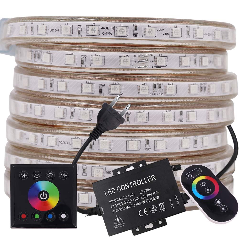 XUNATA RGB LED Strip Lights, 110V Color Changing Light Strip Dimmable with Remote, SMD5050 60 LEDs/M IP67 Waterproof Rope Lights for Holiday Party Festival Celebration Ambiance Lighting (46ft/14m)