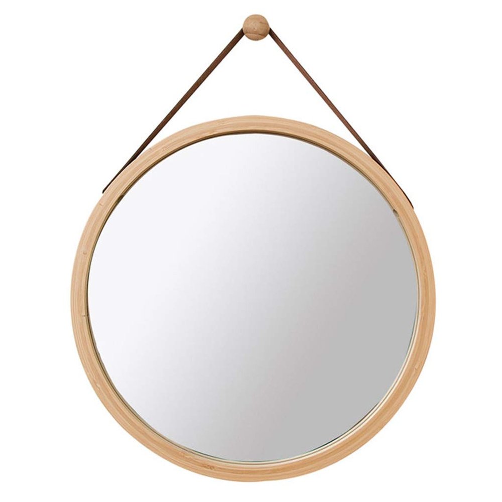 17.7 Leather Strap Vanity Mirror Bamboo Framed Wall Round Hanging Decorative Mirror with Complete Kit for Living Room, Hallway,Bathroom