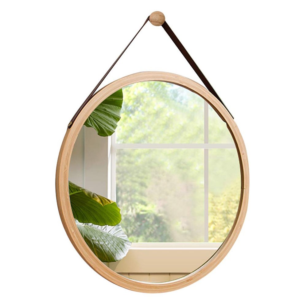 Round Wall Hanging Mirror 45CM Decorative Vanity Mirror with Leather Strap for Dressing Room, Bedroom, Hallway(Natural)