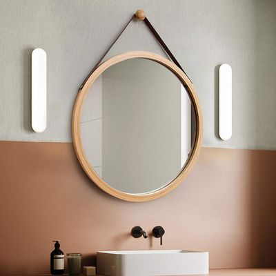 17.7 Inch Bamboo Frame Round Bathroom Glass Mirror Wall Mounted Shaving Mirror with Hanging Chain Shabby Chic Home Accessories
