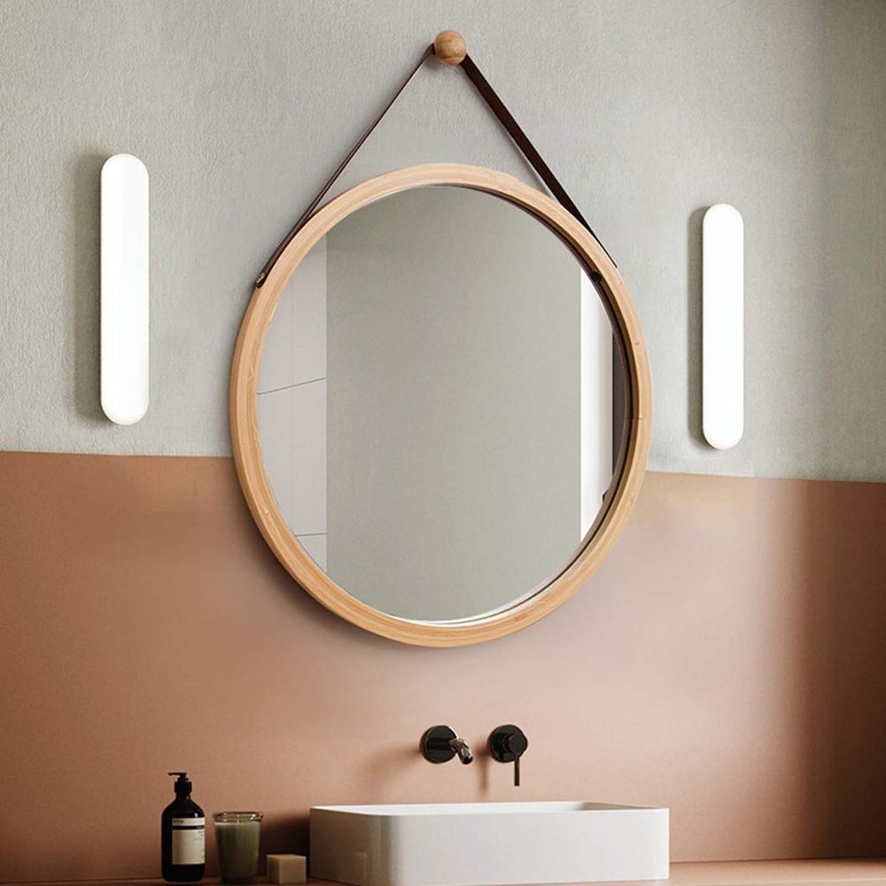 17.7 Inch Bamboo Frame Round Bathroom Glass Mirror Wall Mounted Shaving Mirror with Hanging Chain Shabby Chic Home Accessories
