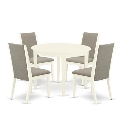 East West Furniture BOLA5-WHI-06 5 Piece Dining Table Set for 4 Includes a Round Kitchen Table and 4 Shitake Linen Fabric Upholstered Parson Chairs, 42x42 Inch, Linen White