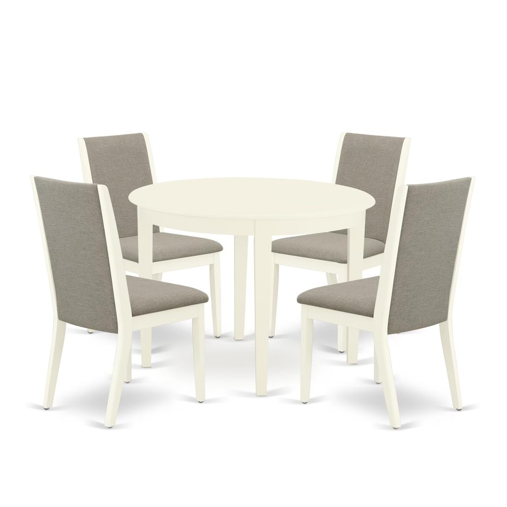 East West Furniture BOLA5-WHI-06 5 Piece Dining Table Set for 4 Includes a Round Kitchen Table and 4 Shitake Linen Fabric Upholstered Parson Chairs, 42x42 Inch, Linen White
