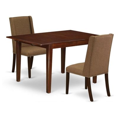 East West Furniture MLFL3-MAH-18 3 Piece Dining Table Set Contains a Rectangle Dinner Table with Butterfly Leaf and 2 Brown Linen Linen Fabric Upholstered Chairs, 36x54 Inch, Mahogany