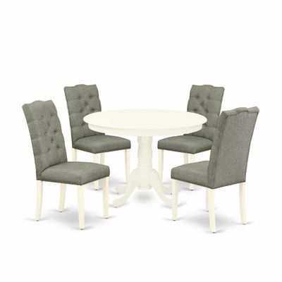 East West Furniture HLEL5-LWH-07 5 Piece Modern Dining Table Set Includes a Round Wooden Table with Pedestal and 4 Gray Linen Fabric Upholstered Parson Chairs, 42x42 Inch, Linen White